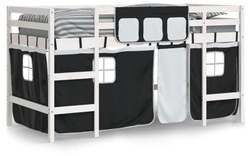 vidaXL Kinderhochbett, Hochbett mit Leiter Vorhängen, Spielbett Bett für Kinder ab 6 Jahren, Kinderbett Etagenbett Stockbett, Weiß Schwarz 90x190cm Kiefernholz