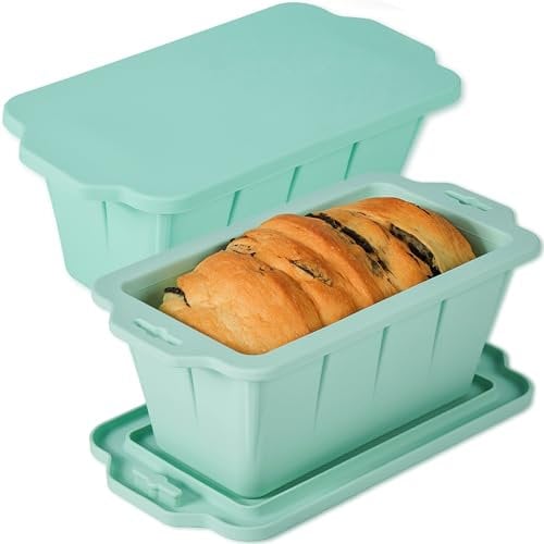MacaRio Silicone Bread Loaf Pan Baking Molds with Lid, 4Lb Large Capacity Set of 2 Non-Stick Bread Pans for Homemade Breads, Cakes, Meat loaf, Ice cream, Ice cubes and More (Mint Green)