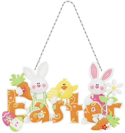 NSXIN 5D Diamond Painting Ostern Deko, DIY Diamant Malerei Bilder Kit Ostern Türkranz mit LED Licht, Handwerk Applique Mosaik Hase Ostereier Ornamente Geschenk (Typ 11)