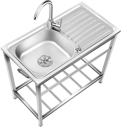 Grand Évier Cuisine 1 Bac avec Plate-Forme D'exploitation, Évier Inox Autoportant avec Robinet et Support,Évier Utilitaire Plonge Inox pour Cuisine, Restaurant, Garage, Jardin