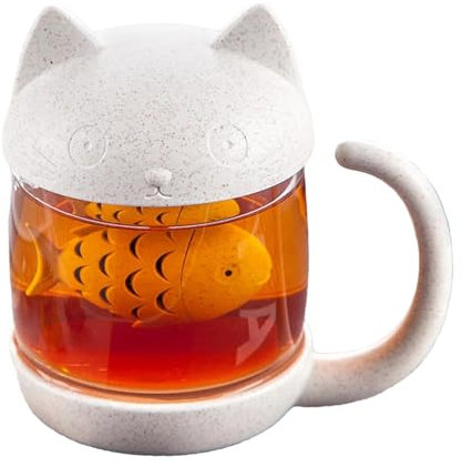 JINGAN Tasse à infuseur à thé, tasse à café en forme de chat - Tasse à thé avec infuseur de chat de dessin animé - Tasse à thé de dessin animé avec infuseur à thé de poisson, tasse à café