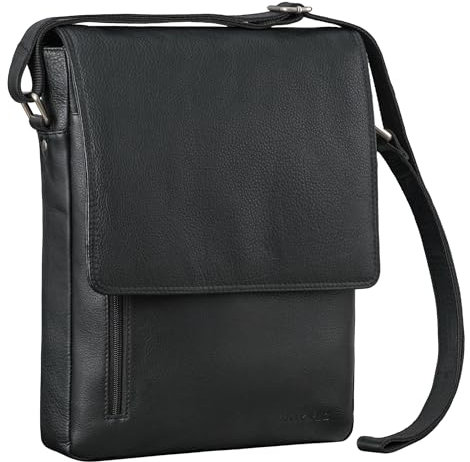 ROYALZ Herren Umhängetasche Leder Schultertasche 'Kansas' Vintage Ledertasche 13-14 Zoll Laptop-Tasche Echtleder Mittel-groß DIN A4 Messenger Bag für Männer, Farbe:Schwarz