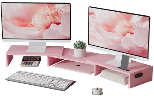 BONTEC Supporto per doppio monitor, supporto per monitor da tavolo con supporto per smartphone, lunghezza regolabile e angolo di rotazione in legno, supporto per PC, monitor, laptop, stampante, rosa