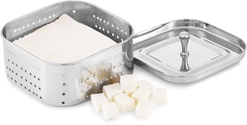 KSJONE Stainless Steel Square Paneer Maker/Mould/Strainer Perfect for Making Delicious Tofu, Stainless Steel Paneer Maker with Top Pressing Lid - Size 5.25W x 5.25L x 1.5H inches