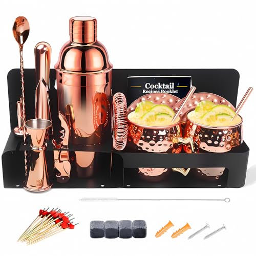 Cocktail Shaker Set Cocktail Becher Tasse Cocktail Shaker Set,Cocktail Bar Set mit Metallständer, Perfektes Bartending-Set (Rose Gold)
