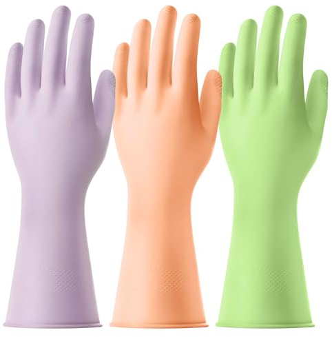 AUAUY 3 Pairs Reusable Household Washing up Gloves (Green+Orange+Purple, S) | Rubber Soft Cleaning Gloves, Non-Slip and Waterproof Dishwashing Gloves with Embossed Palm for Kitchen Cleaning, Gardening