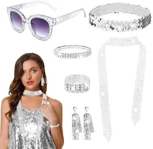 6stk Disco Accessoires, 70er Jahre Outfit Damen Disco Glitzer Accessoires 80er Disco Pailletten Sonnenbrille Haarband Ohrringe Halskett Armband Ring Glitzer Kostüm Zubehör für Fasching Party Karneval