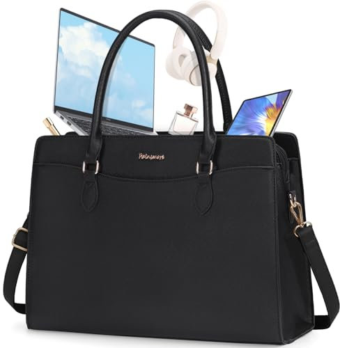 RAINSMORE Handtasche Damen Shopper Tasche Damen Groß Arbeitstasche Laptoptasche Damen 15.6 Zoll PU Leder Wasserdicht Aktentasche für Business Arbeit Schwarz