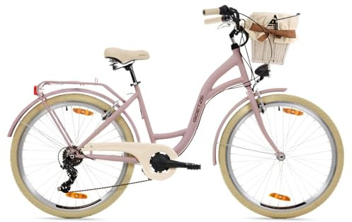 Goetze Mood 26 Zoll Damen Citybike, 17 Zoll Tiefeinsteiger Rahmen, 6-Gang Kettenschaltung, V-Bremse, LED-Beleuchtung, Gepäckträger, Komfortsattel, Schutzbleche, Rattankorb mit Stoffeinsatz!
