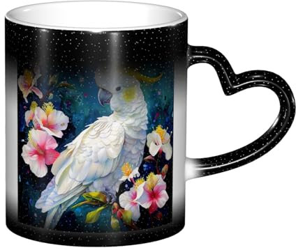 Anceky Wunderschöner Kaffeebecher mit Kakadu-Vogel-Blumen-Aufdruck, Wärmewechsel, Farbwechsel, Zaubertasse, lustige neuartige Keramik-Teetasse, 312 ml, Schwarz