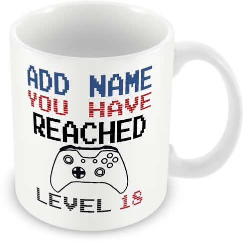 MUGGZ -18th Birthday Personalised Gamer Mug (11oz) Xbox Style - You Have Reached Level Custom LevelUp Mug Gift for Men/Women- Add Any Name - Novelty Video Game Controller Design Gifts for Him or Her