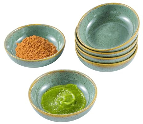 All-Pie Set of 6 Ceramic Sauce Dish (3.5 inch),Small Teabag Holder Dish,Condiment Dishes,Jewelry Holder,Sushi Soy Dipping Bowl,Snack Serving Dishes, Mini Saucer Set (Round Green)