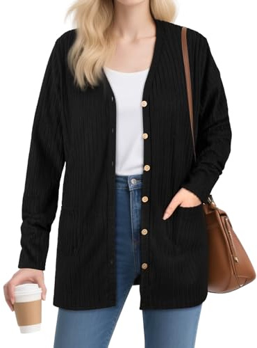 BSBUY Strickjacke Damen Langer mit Knöpfen V Ausschnitt Leichte Strickjacke Damen-Cardigan Langarm Elegant Strick Cardigan Knitted Casual Stretch Sweater Weiche Jacke über Top Schwarz Strickpullover
