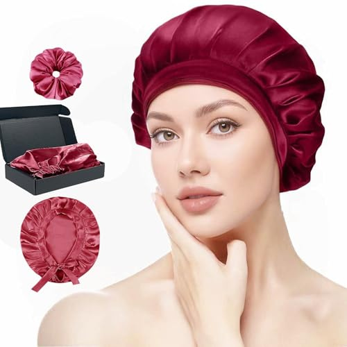 NEUJUS 100% Maulbeerseide Schlafhaube – Seidenhaube zum Schlafen, Verstellbare & Atmungsaktive Silk Bonnet für Damen, Haarhaube Seide für Lange Haare, Rutschfeste Nachtmütze Haarpflege (Burgunderrot)