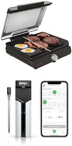 Ninja Sizzle Elektrogrill Indoor & Plancha mit Antihaft-Grillplatte, abnehmbarer & spülmaschinenfester Deckel, Grau GR101EU + ProChef Kabelloser Temperaturfühler/Bratenthermometer, WP100EU