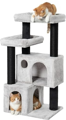 KinoTail Kratzbaum für Große Katzen, 4 Ebenen Katzenbaum 55×45×111 cm, 2 Extra Hohe Jute-Kratzstämme (45 cm & 40 cm), Stabiler Katzenturm mit 2 Liegeplattformen & 2 Katzenhöhlen, für 4–5 Katzen Indoor