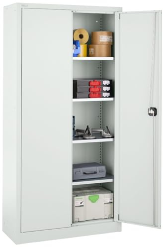 Werkzeugschrank abschließbar, Aktenschrank aus Stahl, Schrank mit Schloss, Werkstatt Schrank, Stahlschrank mit Türen, 95 x 40 x 193,5 cm, Büroschrank lichtgrau