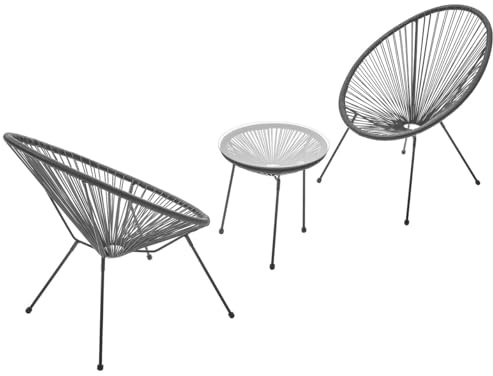 MAT-COMPANY Gartenmöbel Set 3 teilig Balkonmöbel Set mit 2 Sesseln und rundem Tisch Rattan Bistro Set Terrasse Sitzgruppe mit Glastisch Stahlgestell Schwarz