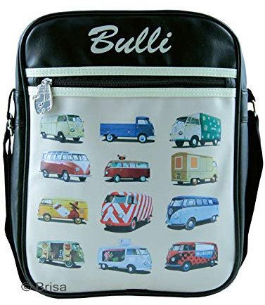 BRISA VW Collection - Volkswagen Unisex Retro-Vintage-Schulter-Umhänge-Reise-Tasche im T1 Bulli Bus Design (Bulli Parade/Schwarz/26 x 33cm)