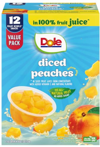 Dole Diced Peaches, 4 oz Fruit Bowls, 12 Pack