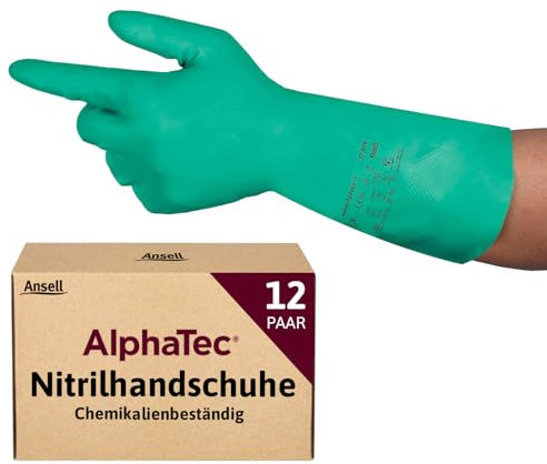 Ansell AlphaTec 37-675, Chemikalienschutzhandschuhe, Wasserdichte Sicherheitshandschuhe, Lebensmittel- und Reinigungshandschuhe, Latexfreie Schutzhandschuhe, Grüne Nitrilhandschuhe, 12 Paar, Gr. 2XL