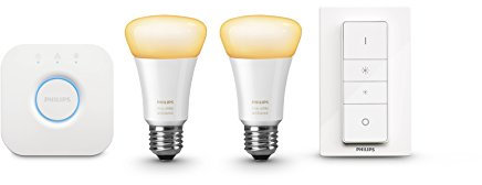 Philips Ampoule blanche Ambiance personnelle Éclairage sans fil Kit d'éclairage de débutant LED E27, 2 ampoules 9,5 W E27 Interrupteur de variateur d'intensité, Compatible avec Apple Home et Alexa