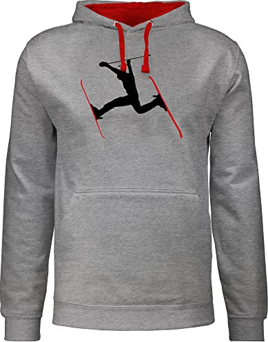 Pullover Herren Frauen Hoodie Kontrast zweifarbig - Snowboard, und mehr - Skifahren Skisprung Ski - XL - Grau meliert/Rot - Geschenke für Skifahrer Wintersport Geschenk Pulli skipullover Hoodies