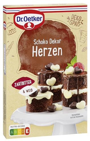 Dr. Oetker Schoko Dekor Herzen, 47 g, essbare Tortendekoration, zum Verzieren von Kuchen & Desserts, aus weißer und Zartbitter-Schokolade in Herzform
