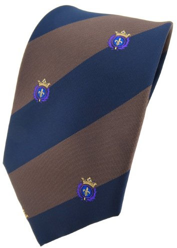 TigerTie Designer Krawatte in braun dunkelbraun dunkelblau gestreift mit Wappenmuster