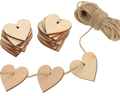 Outus 100 Stück Holz Herz Verzierungen Holz Herz 40 mm mit 10 m Natural Twine für Hochzeit DIY Kunst Handwerk Karte Machen Dekoration Valentinstag