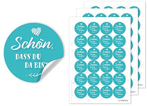 72 Stk. Schön DASS du da bist Aufkleber Vintage Cyan hellblau - Hochzeitssticker rund Ø 4cm Sticker für Gastgeschenke Deko