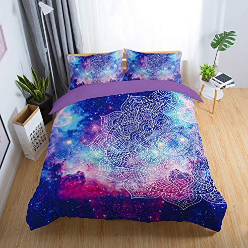 Sticker superb Böhmen Blumen Galaxis Blau Lila Rosa Bettbezug, Gotisch Weiß Schwarz Boho Feder Schädel Bettbezug, Romantisch Traumfänger Bettwäsche Set (Boho 2, 140x200cm)