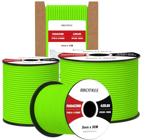 Brotree Paracord 3mm 30M 100% Nylon Seil Schnur Typ II Paracord 425 mit 3 Kern für Survival, Outdoor, Armband, Basteln - Bruchlast 192kg (Neon Grün)