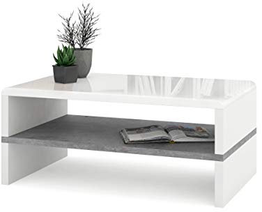 All4All Couchtisch Riva - Kleiner Kaffeetisch - Wohnzimmertisch – Sofatisch mit Ablagen - kompakte Größe - Sofatisch - 100x60cm - 05 - Weiß Hochglanz + Betonfarbe