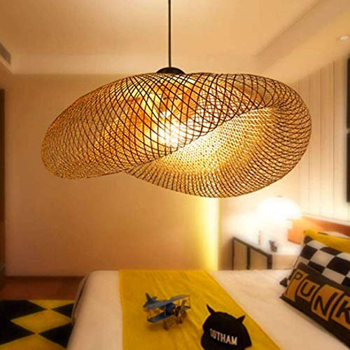 FUMIMID Retro Hängelampe Bambus Pendelleuchte E27 Holz Deckenleuchte Handgewebte Rattan Lampenschirm Runde Kronleuchter Wohnzimmer Schlafzimmer Büro Hängeleuchte Esstischlampe,100cm
