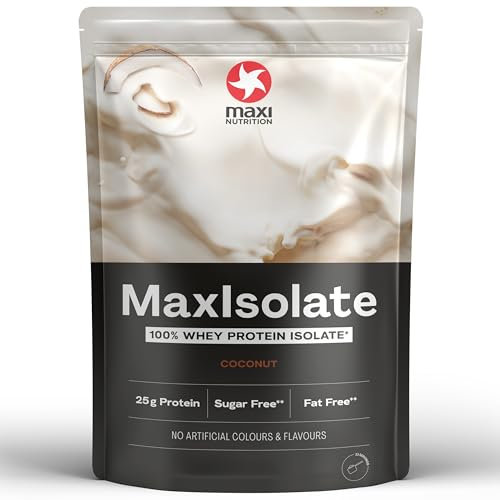 MaxiNutrition MaxIsolate 100% Whey Protein Isolat Kokos 1 kg, Proteinpulver mit 83% Eiweiß, zucker- & fettarm, ohne künstliche Aromen, für einen leckeren Protein-Shake mit echten Kokosraspeln