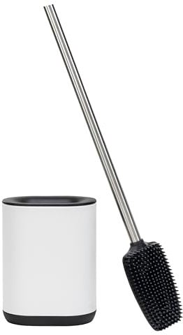 Erreke Escobilla Baño Silicona, Escobilla WC, con Soporte Antihuellas, Fácil Montaje en la Pared, Acero Inoxidable SS410, Higiénica, Flexible y Resistente, Mango Largo (Blanca)