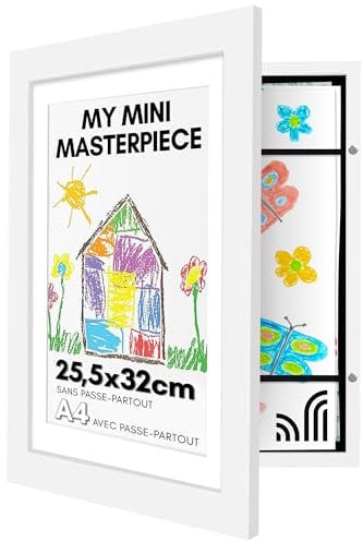 Americanflat Blanco Marco Dibujos Infantiles A4 - Cuadro de Almacenamiento para Niños para 100 Unidades, Proyectos de Arte, Puzzles, Fotos y Decoración - Madera Compuesta con Vidrio Resistente