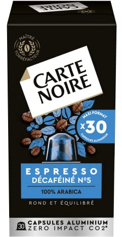 CARTE NOIRE - Capsules Décaféiné N°5 Compatibles Nespresso® - Café Arabica - 30 Capsules Aluminium - Fabriqué en France