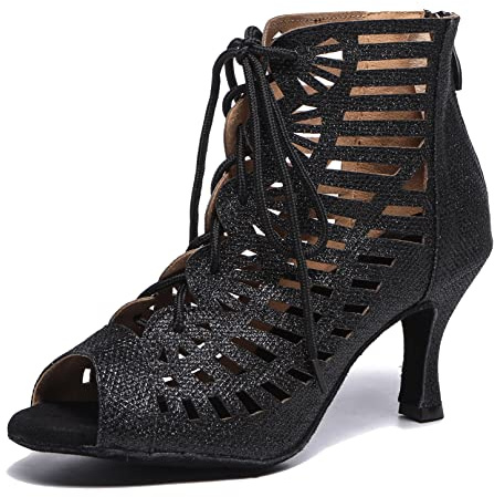 MINITOO Femmes Latine Salsa Danse Chaussures Fete Prom Sandales Bottes L525 Noir 7.5cm Talon EU 42