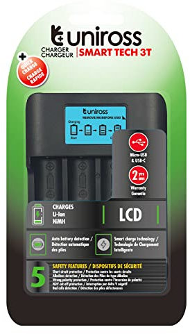 UNIROSS Chargeur Smart Tech LCD, pour 1 à 4 Piles Lithium 18650 & Ni-MH 1.2V AA AAA