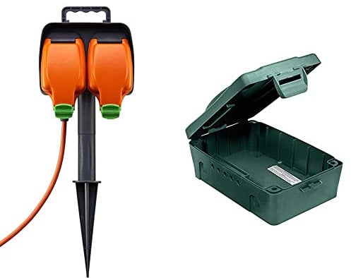 Masterplug IPGS15/2-MS Weatherproof Outdoor Inline Double Socket Garden Spike with 15 Metre Extension Lead, IP54 Rated & Weatherproof Electric Box for Outdoors, 345 x 220 x 126.5 mm, Green