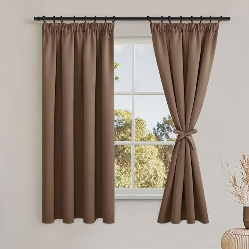 DWCN Vorhänge Blickdicht Verdunkelungsvorhänge Thermovorhänge Kräuselband | 2er Set, Khaki,183x117cm (Höhe x Breite), Gardinen mit Vorhang-Krawatten, Fensterdeko Schlafzimmer Vorhang Kälteschutz