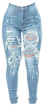 JEKE-DG Women's High Waist Skinny Ripped Jeans Plus Size Slim Destroyed Trousers Stretch Denim Pants (Light Blue,Large)