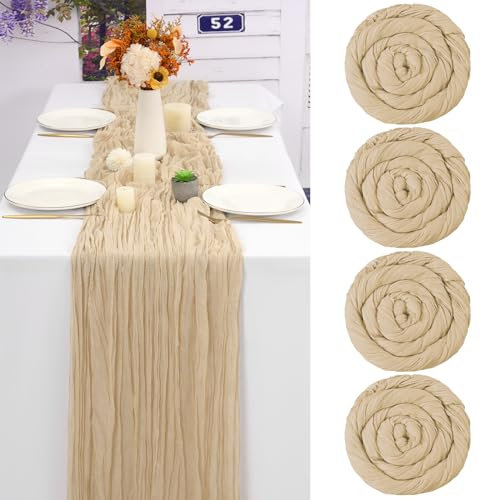 Teruntrue 4er-Pack Käsetuch-Tischläufer, Beige Tischläufer, halbdurchsichtige Gaze-Tischdecke, 13 Fuß, rustikale Dekorationen für Küche, Hochzeit, Urlaub, Partyzubehör (Beige, 400 cm)