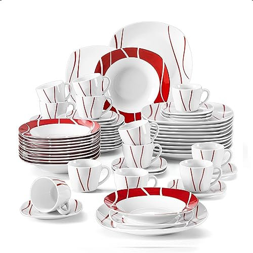 MALACASA Vajillas Completas Modernas Porcelana, 60 Piezas para 12 Personas con 12 Platos llanos, 12 Platos de Postre, 12 Platos hondos, 12 Taza de Café y 12 Platillo, Blanco y Rojo, Serie FELISA
