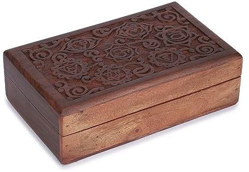 Ajuny Handgeschnitzte Dekorative Schmuck Aufbewahrungsbox aus Holz 7 Chakra Design Mehrzweck Schatztruhe Andenken Organizer Halsketten Uhrenboxen Geschenke 8x5 Zoll