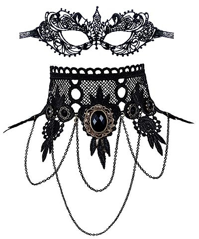 JewelryWe 2 PCS Maske Choker Halskette Set Schwarz Sexy Venezianische Spitze Augenmaske Gothic Halsband Kragen Kette Damen Maskerade Kostüm für Halloween Karneval Party Cosplay
