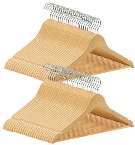 ABHENG Kleiderbügel Holz 50 Stück, Holzbügel mit Rutschfester Hosensteg und 360° drehbarer Haken, Einkerbungen im Schulterbereich, Hergestellt aus Naturholz, 44,5B x 23H cm, Naturfarben,AWY0350N