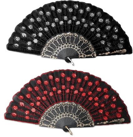 Éventails Pliants, 2 Pièces Eventail Pliant Paillette, Noir Rouge Cadeau Décoration,Chinois Éventail Pliant Ventilateur à Main en Soie,pour Cadeaux, Accessoires de Danse et Décoration Murale